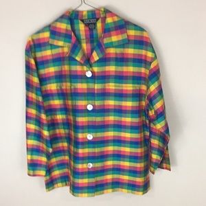 Ann May Colorful Plaid  Silk Shirt Oversized  Top Size Small